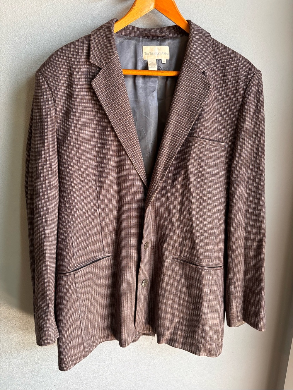 The Territory Ahead Wool Blazer 46R Brown Tweed Check Sport Coat Vintage